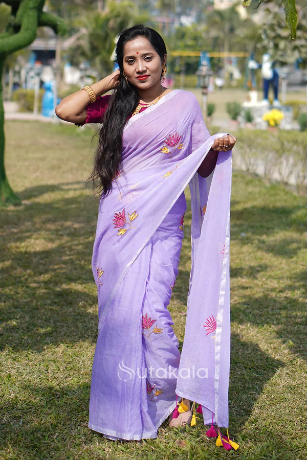 Lavender Cotton Saree with Floral Thread Work Embroidery