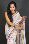 White Linen Cotton Saree with Multicolor Check Pattern