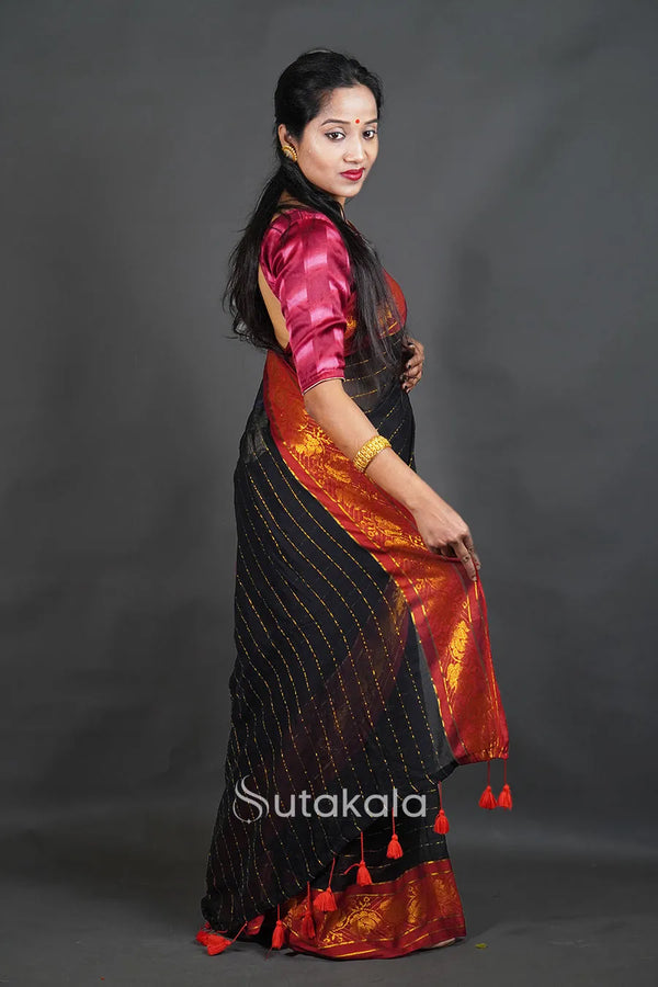 Black Mul Cotton Saree with Red & Gold Thread Work