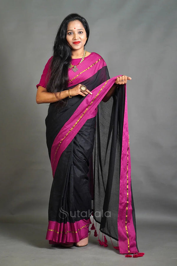 Black Cotton Saree with Magenta Border & Elegant Thread Work