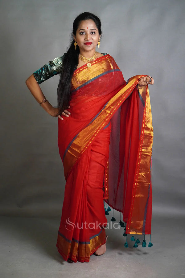 Red Cotton Saree with Golden Border & Elegant Thread Work