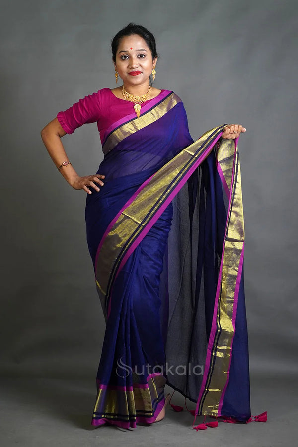 Royal Blue Cotton Saree with Gold Zari Border