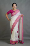 Off-White Cotton Saree with Pink Border & Elegant Thread Work Detailing