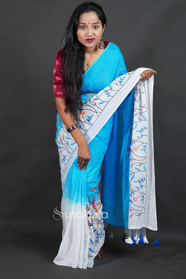 Sky blue Cotton Saree with White Floral Thread Work