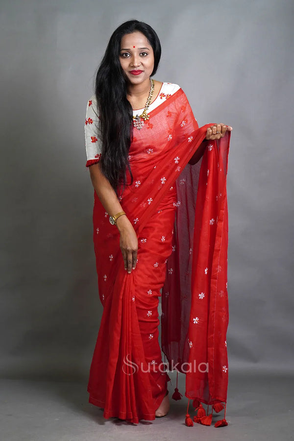 Red Cotton Saree with All-Over Floral Thread Work