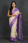 White Cotton Saree with Pompom Pallu With Blue Border