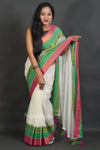 Elegant Off-White Cotton Silk Saree with Zari Border and Tassels