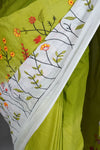 Green Cotton Saree with White Floral Thread Work