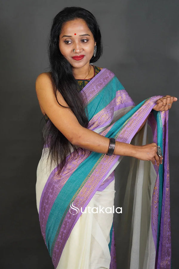 Elegant Off-White Cotton Silk Saree with Border and Tassels