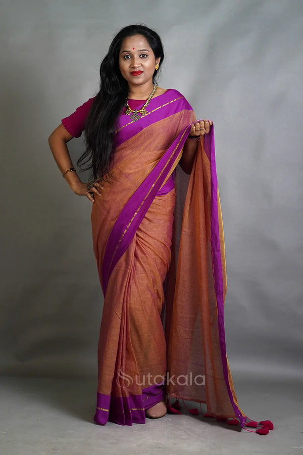 Rust Orange Cotton Saree with Purple Border
