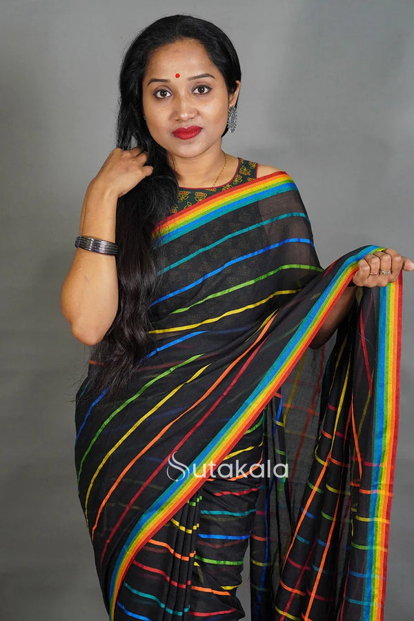 Black Cotton Saree with Multicolor Check Pattern & Rainbow Border