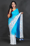 Sky blue Cotton Saree with White Floral Thread Work