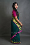Olive Green Cotton Saree with Purple Border & Handcrafted Thread Work
