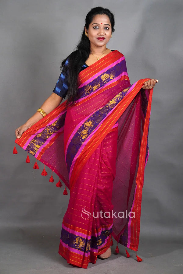 Rani Cotton Saree with Red & Gold Thread Work Border and Tassel Pallu