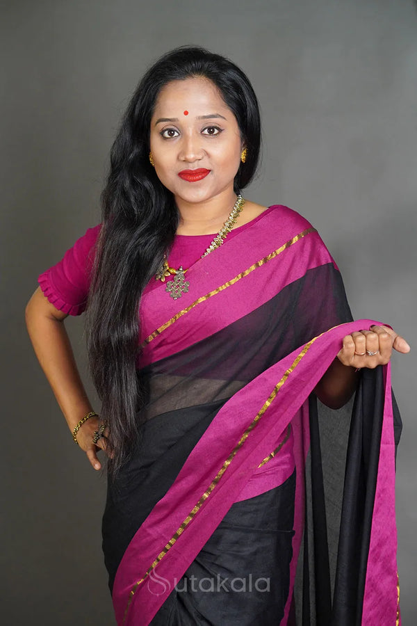 Black Cotton Saree with Magenta Border & Elegant Thread Work