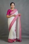 Off-White Cotton Saree with Pink Border & Elegant Thread Work Detailing