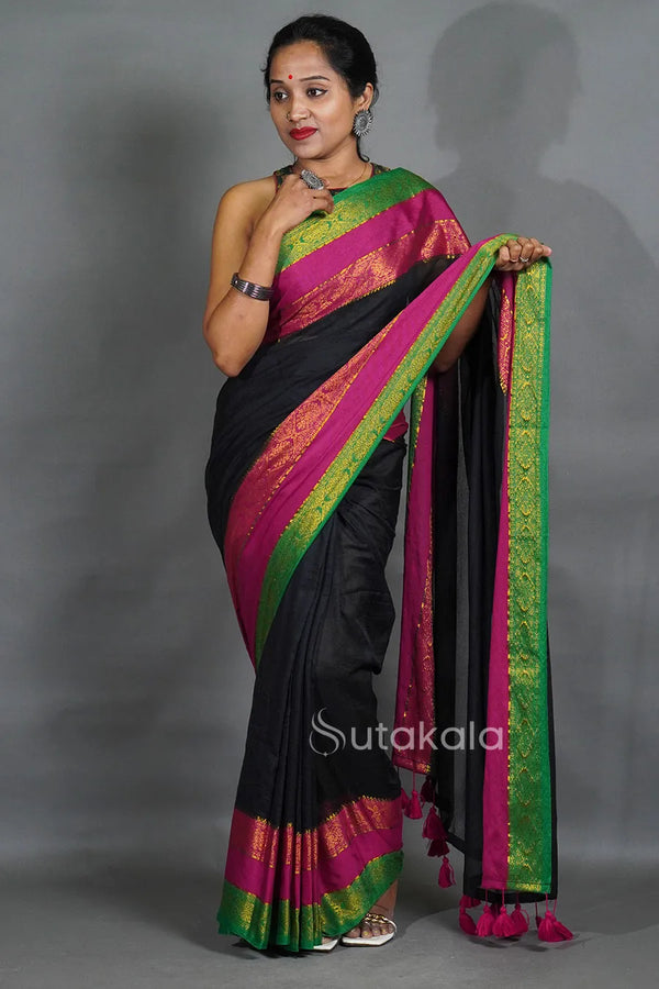 Black Saree with Traditional Jacquard Border & Tassels