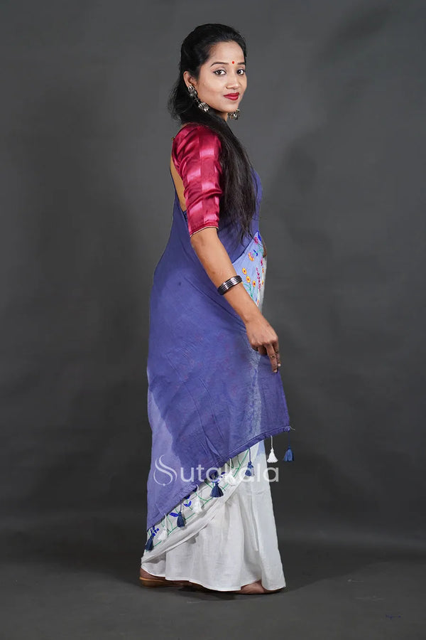 Blue Cotton Saree with White Floral Thread Work