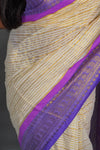 White Cotton Saree with Pompom Pallu With Blue Border