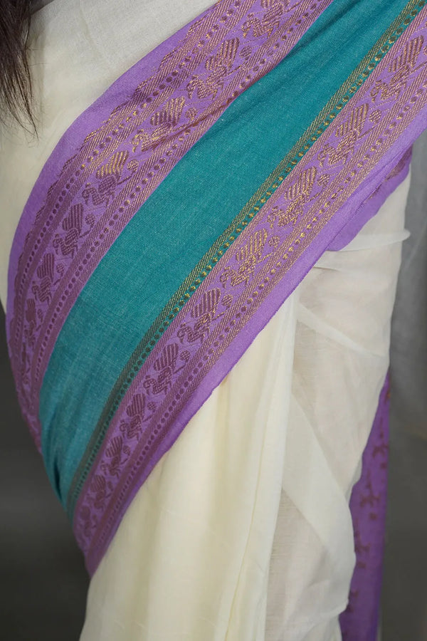 Elegant Off-White Cotton Silk Saree with Border and Tassels