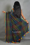 Black Cotton Saree with Multicolor Check Pattern & Rainbow Border