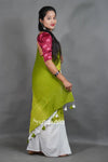 Green Cotton Saree with White Floral Thread Work