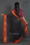 Black Mul Cotton Saree with Red & Gold Thread Work