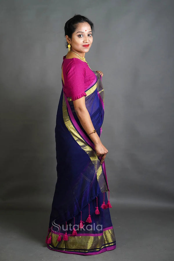 Royal Blue Cotton Saree with Gold Zari Border