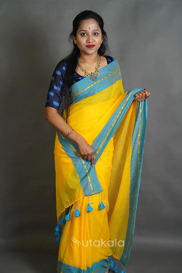 Yellow Cotton Saree with Blue Border