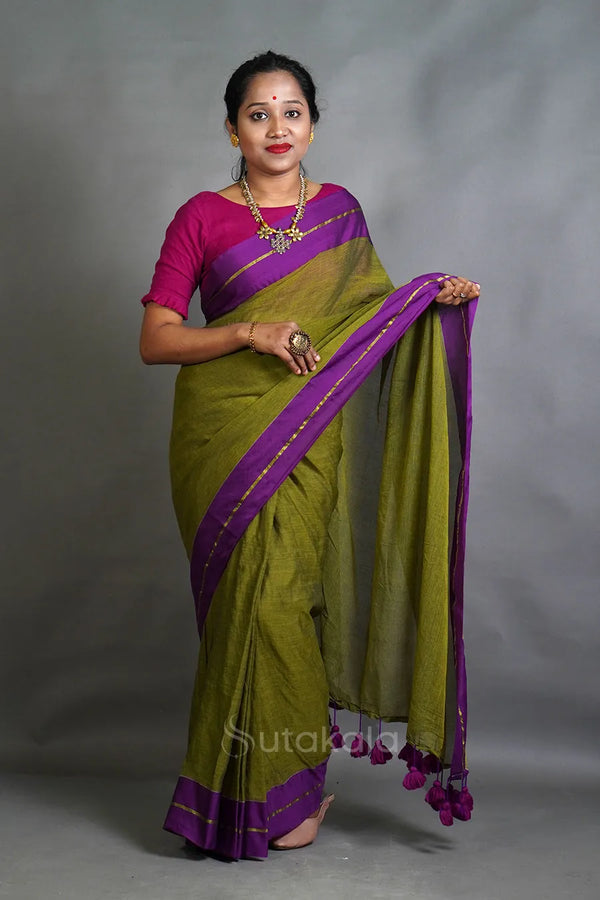 Olive Green Cotton Saree with Purple Border & Elegant Thread Work