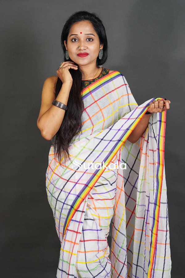 White Linen Cotton Saree with Multicolor Check Pattern