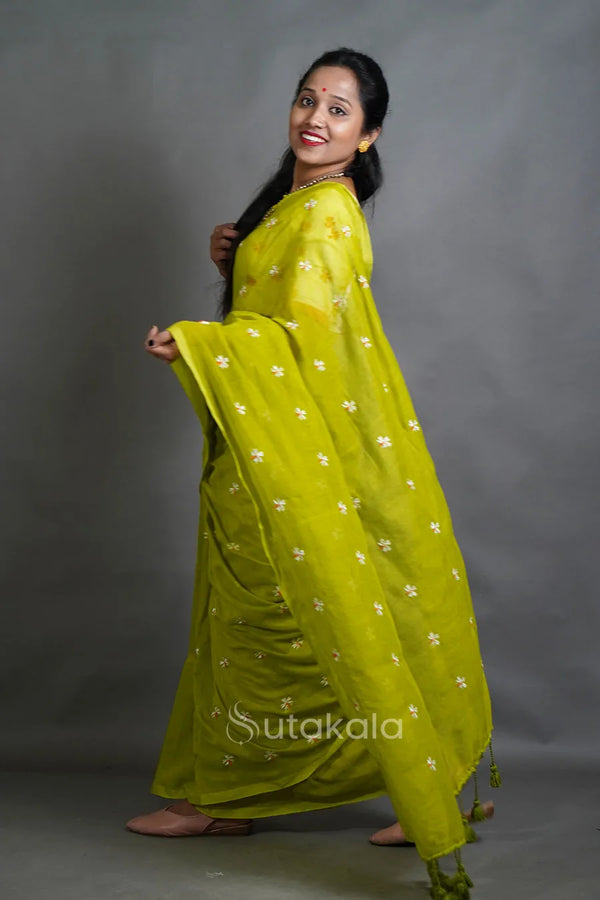 Green Mul Cotton Saree with All-Over Floral Thread Work