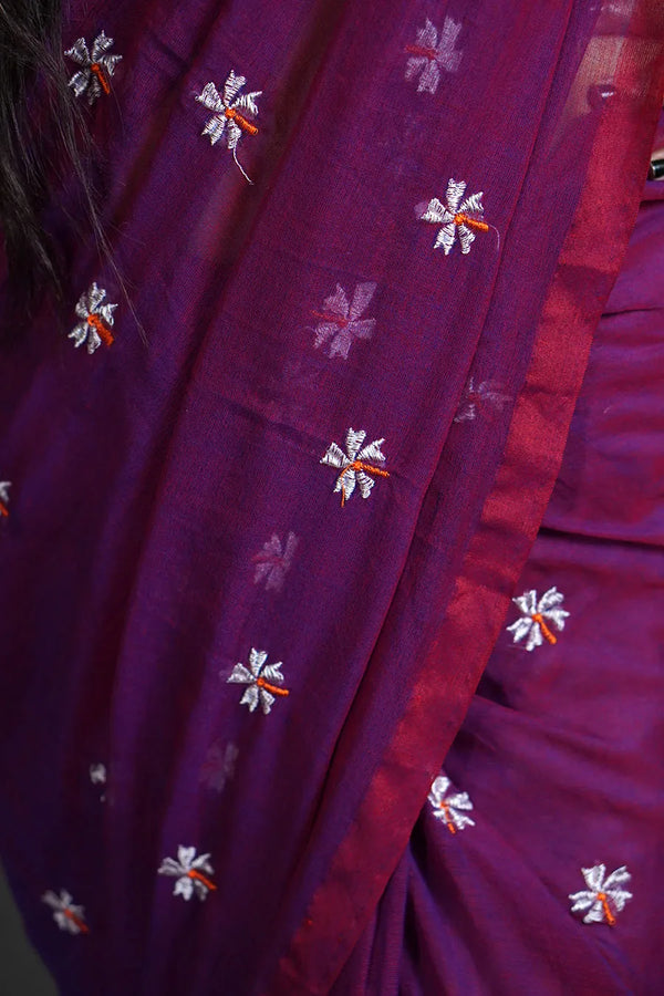 Mul Cotton Saree with All-Over Floral Thread Work