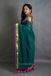 Olive Green Cotton Saree with Purple Border & Handcrafted Thread Work