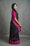 Black Cotton Saree with Magenta Border & Elegant Thread Work