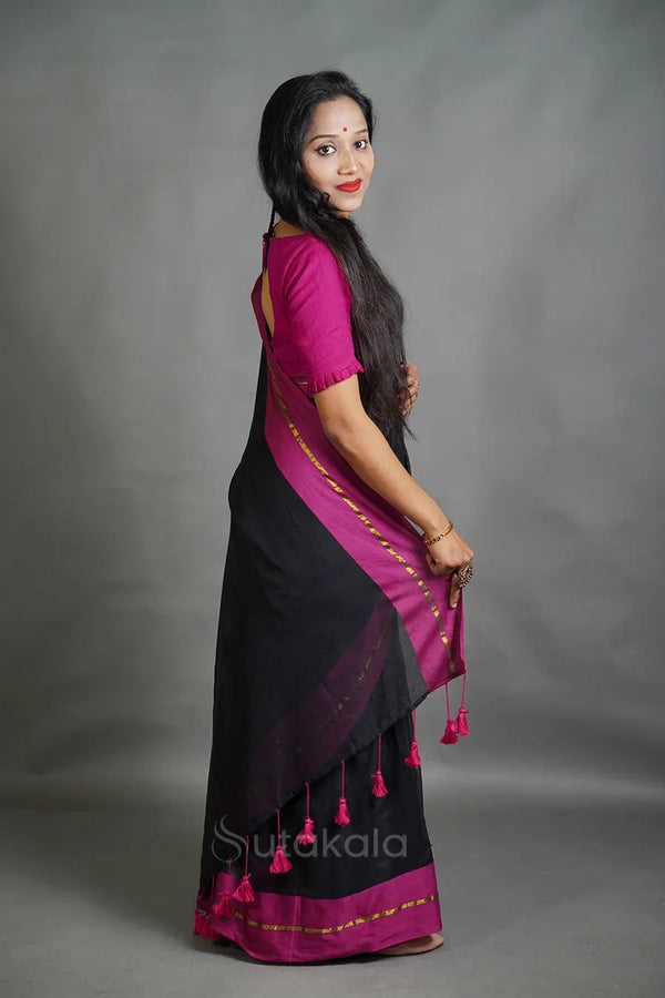 Black Cotton Saree with Magenta Border & Elegant Thread Work