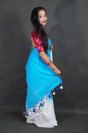 Sky blue Cotton Saree with White Floral Thread Work