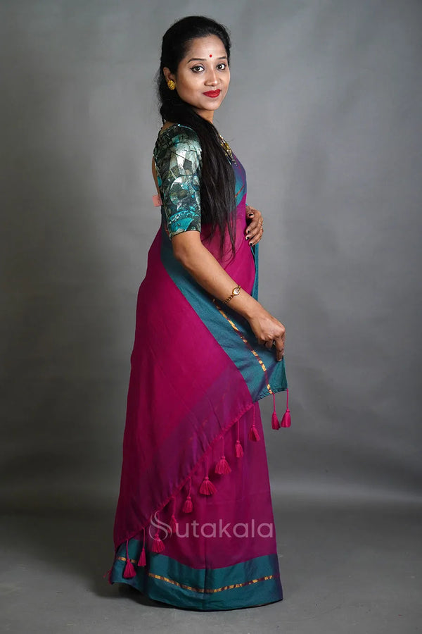 Magenta Pink Cotton Saree with Teal Border