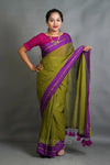 Olive Green Cotton Saree with Purple Border & Elegant Thread Work