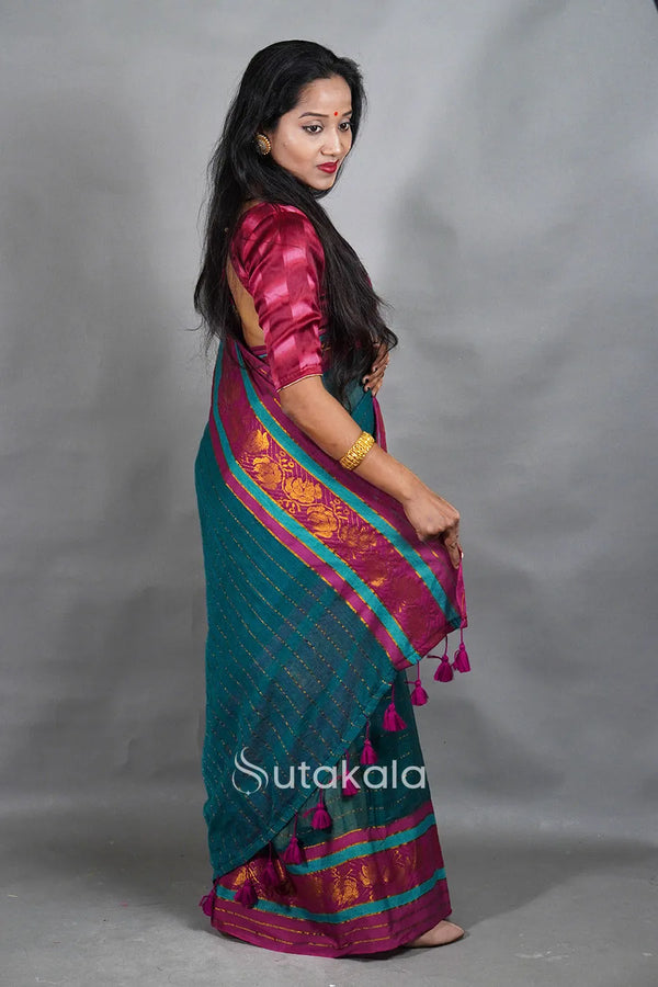 Sea Green Mul Cotton Saree with Fancy Border