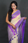 White Cotton Saree with Pompom Pallu With Blue Border
