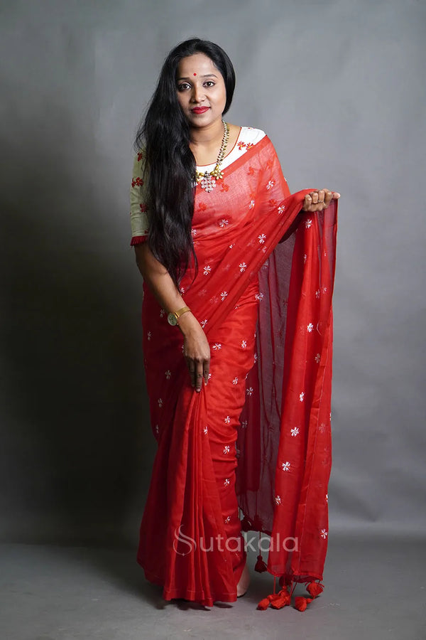 Red Cotton Saree with All-Over Floral Thread Work