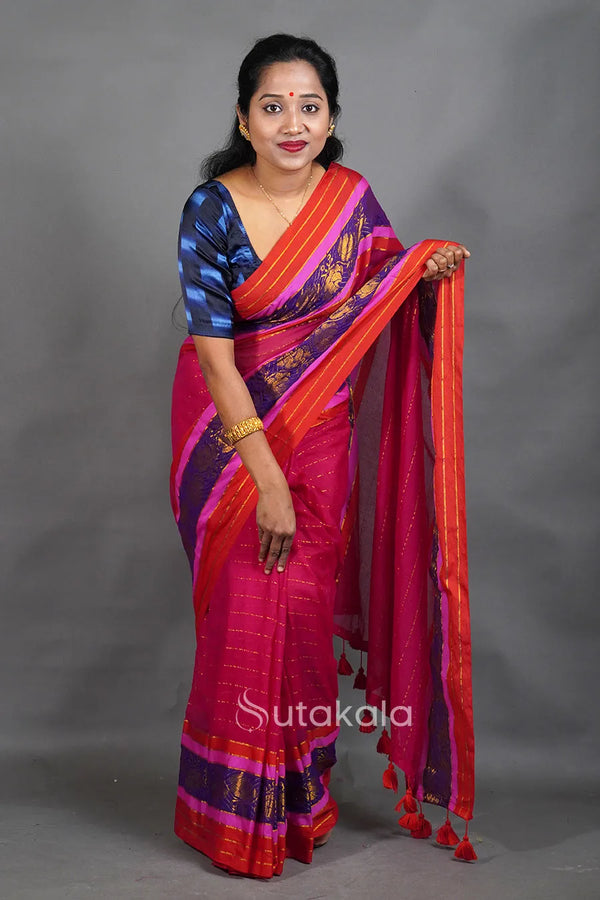 Rani Cotton Saree with Red & Gold Thread Work Border and Tassel Pallu