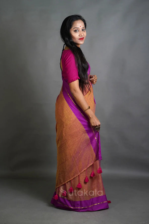 Rust Orange Cotton Saree with Purple Border