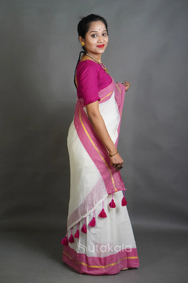 Off-White Cotton Saree with Pink Border & Elegant Thread Work Detailing