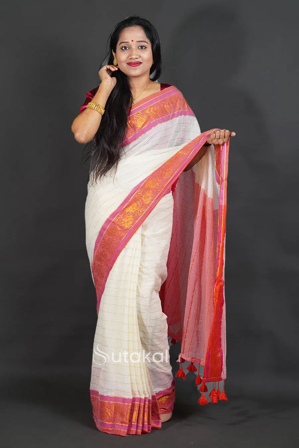 White Mul Cotton Saree with Fancy Border