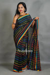Black Cotton Saree with Multicolor Check Pattern & Rainbow Border