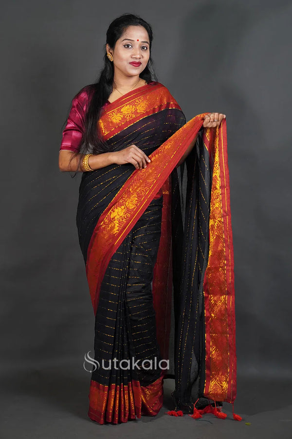Black Mul Cotton Saree with Red & Gold Thread Work