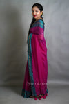 Magenta Pink Cotton Saree with Teal Border