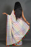 White Linen Cotton Saree with Multicolor Check Pattern
